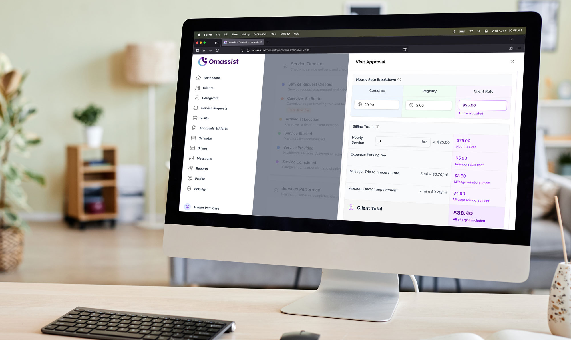 Office dashboard showing verified visits with timestamps and approval status