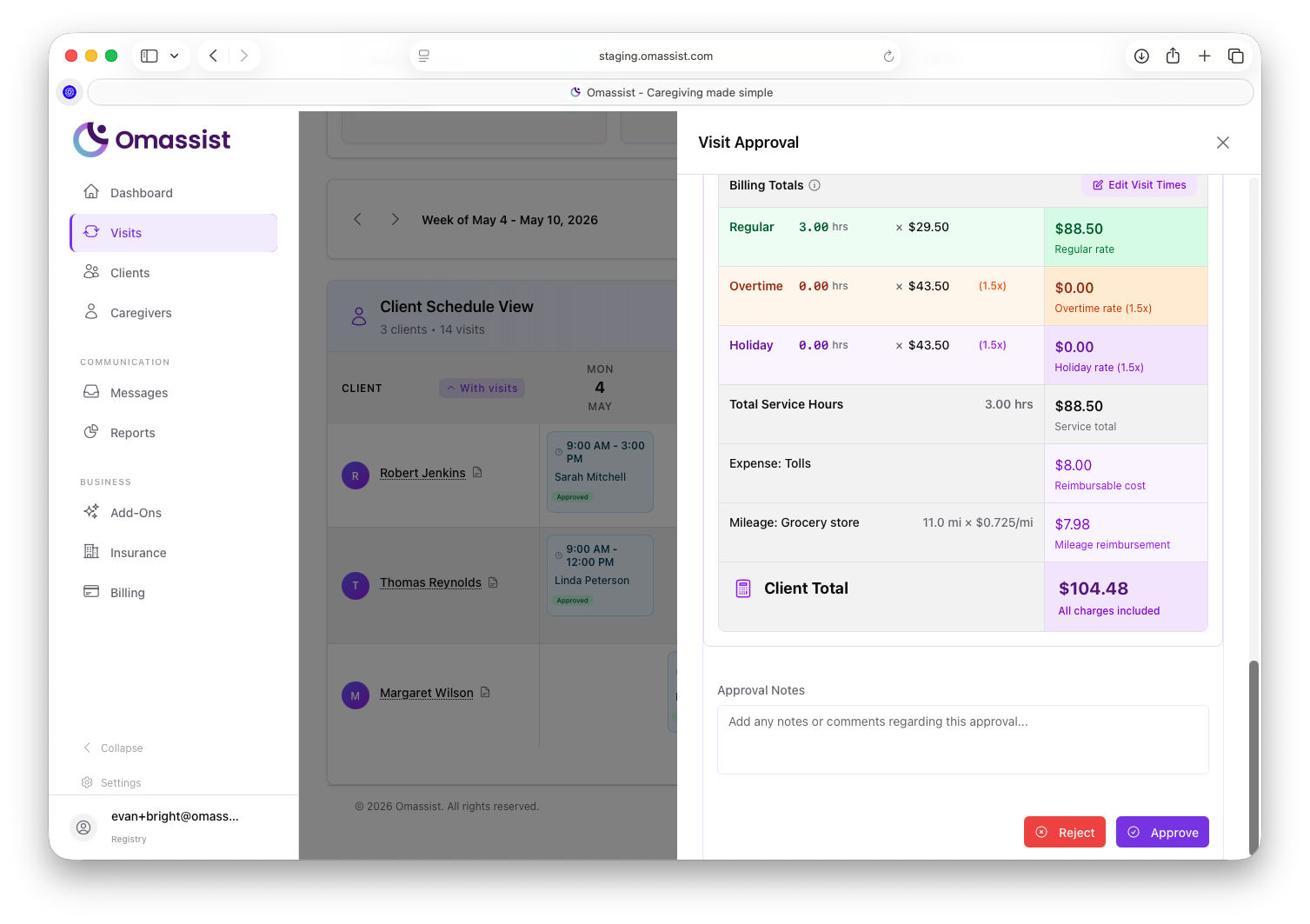 Omassist and Stripe integration for caregiver payouts
