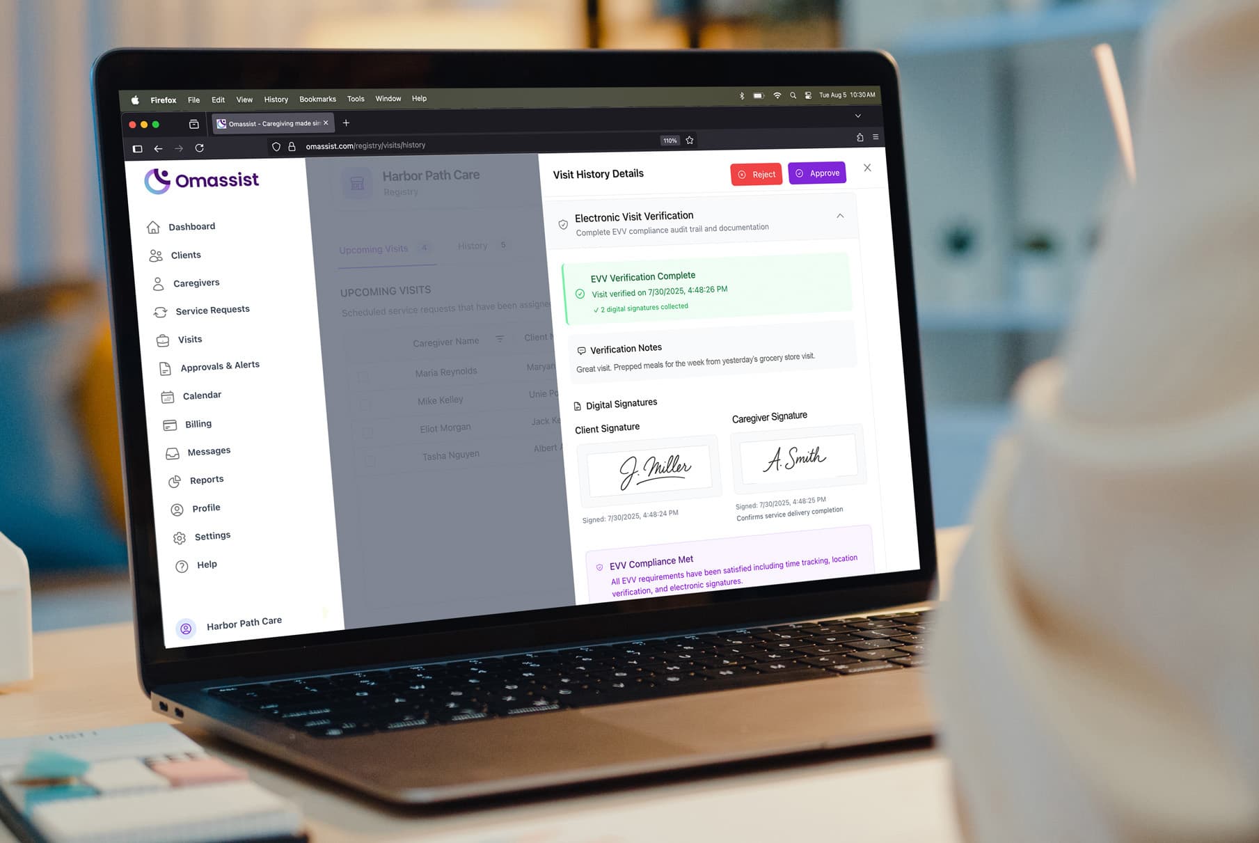 Visit verification and documentation screen for audit readiness