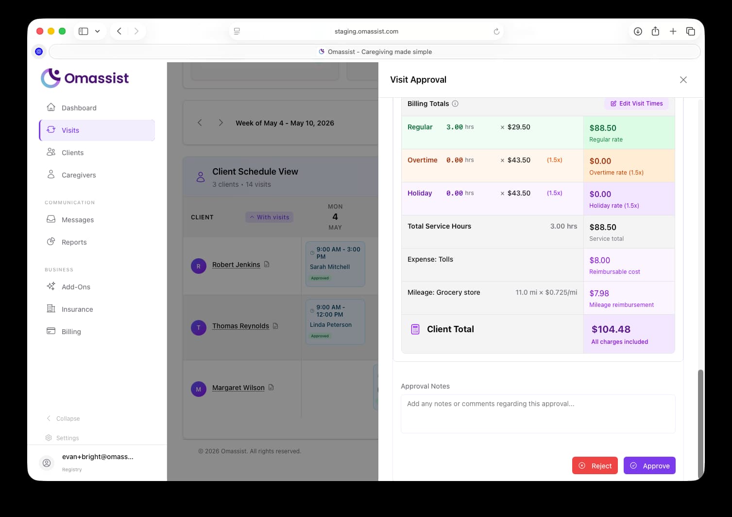 Omassist and Stripe integration for caregiver payouts
