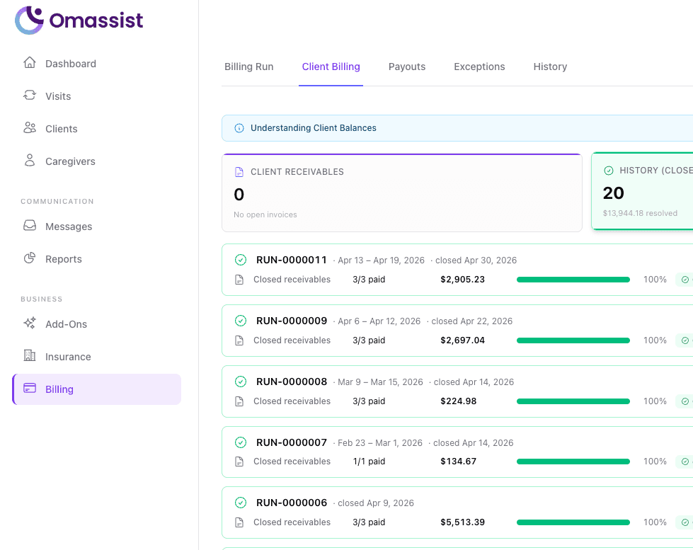 Omassist payout dashboard with clean disbursement records and status indicators