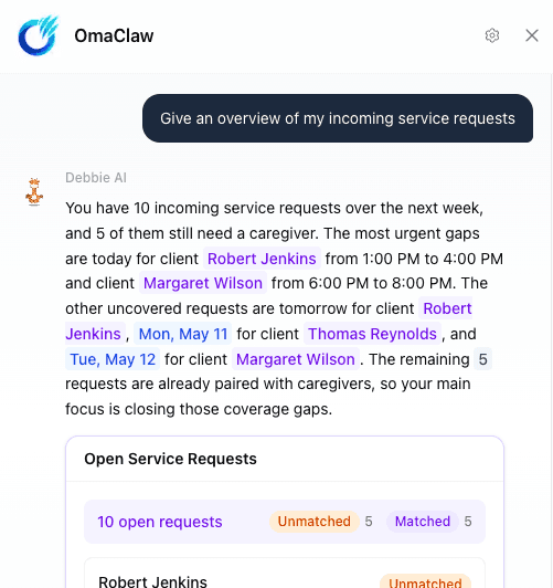 Omassist assistant answering an operational question from business data