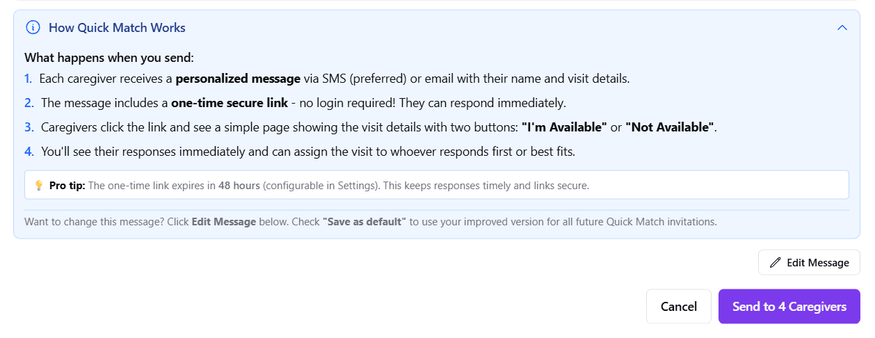 Quick Match invitation flow showing magic link responses from caregivers