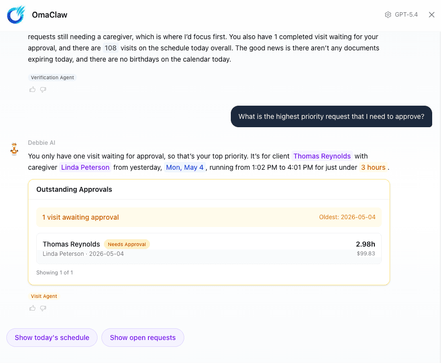 OmaMatch scoring dashboard showing ranked caregiver referral suggestions