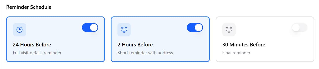Reminder schedule options tied to a client visit