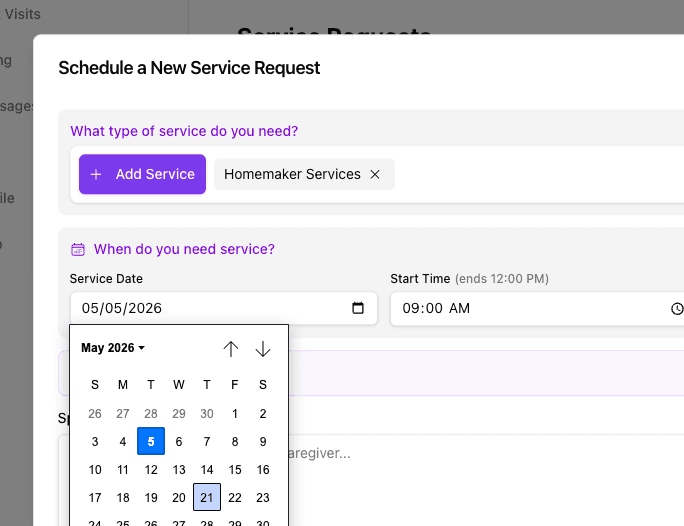 Visit records linked from client request through caregiver referral to verified visit