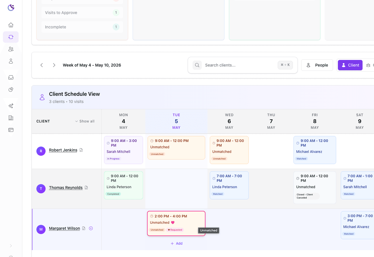 Omassist office dashboard showing caregiver visits pending approval with timestamps