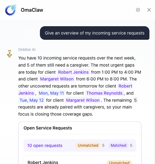 Omassist assistant answering an operational question from business data