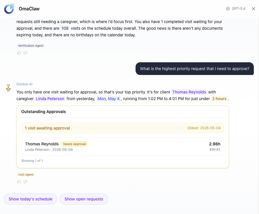 OmaMatch scoring dashboard showing ranked caregiver referral suggestions