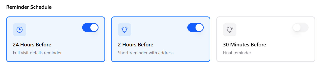 Reminder schedule options tied to a client visit