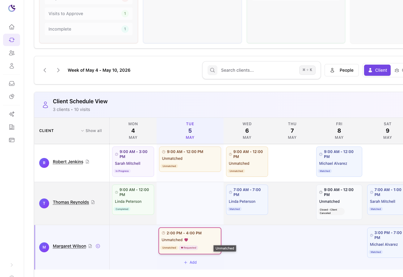 Omassist office dashboard showing caregiver visits pending approval with timestamps